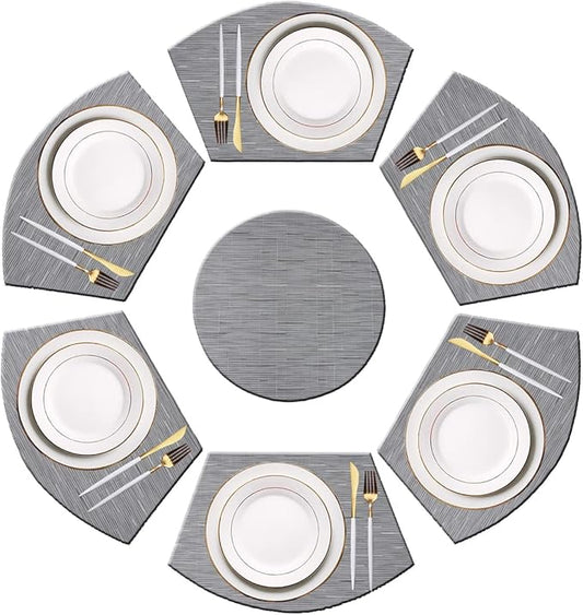 PIGCHCY Wedge Shaped Placemats Set of 6 with Centerpiece Round Mats Washable Kitchen Placemats Heat-Resistant Table Mats (Silver Grey)