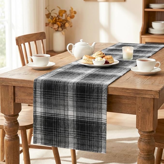 Artoid Mode Black Grey Farmhouse Plaid Table Runner, Halloween Rustic Holiday - Image 5