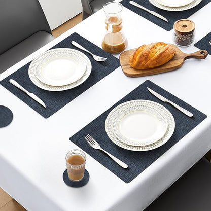 MOSAYT Faux Leather Placemats Set of 6, Heat Resistant Wipeable Washable Vinyl Place Mats with Coasters, Waterproof Oil Proof Table Mats for Kitchen Dining Party Outdoor, 12" x 17", Navy Blue