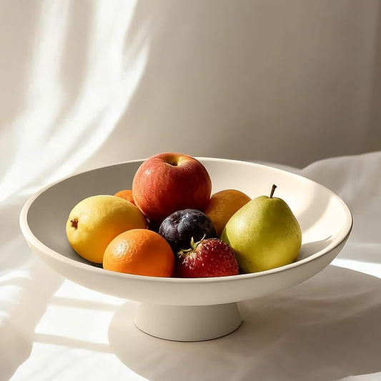 11.81" Pedestal Fruit Bowl, Concrete Large Decorative Fruit Bowls, Modern Fruit Bowl For Kitchen Counter, Footed Entryway Bowl For Keys, Cream White Decorative Entryway Table Bowl-Beige