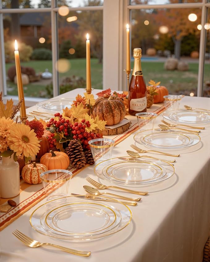 bUCLA 150Pcs Clear Gold Plastic Dinnerware Set - Image 6