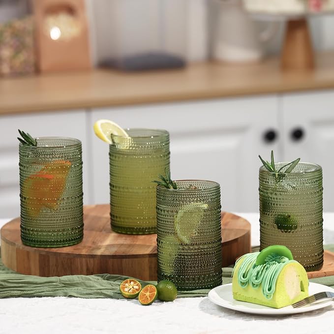 Moretoes 12 Pack 15 Oz Green Large Hobnail Drinking Glasses Set | Vintage - Image 5
