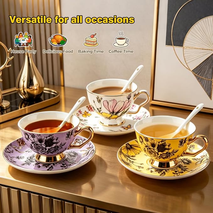 Tea Cup and Saucer Set, Floral - Image 4