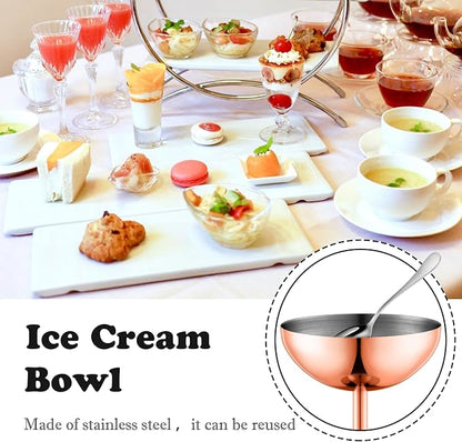 Ice Cream Bowls Stainless Steel Dessert Cups with Spoons Reusable Footed Sundae Cups Ice Cream Cups for Dessert, Frozen Yogurt, Gelato, Birthday Party Decorations (2, Rose glod)