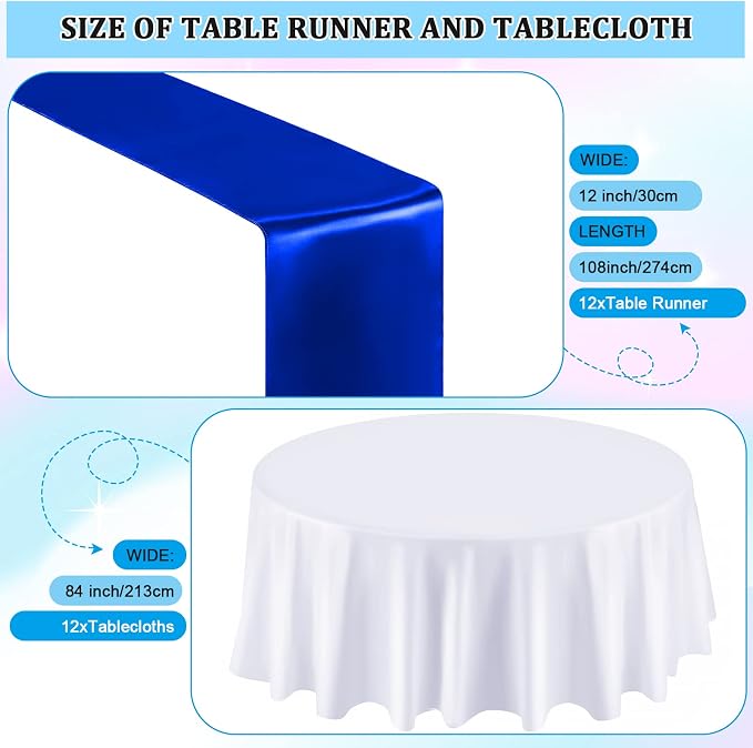 Queekay 24 Pcs 84'' Round Plastic Tablecloth 12 x 108'' Satin Table Runners Set - Image 2
