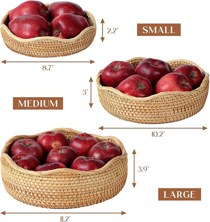 Rattan Scalloped Bread Basket, Round Fruit Baskets, Wicker Storage Bowls, Natural Woven Serving Basket Bowls, Decorative Baskets for Kitchen Counter Organizing, 1 PCS, 11.2 x 11.2 x 3.9 inches