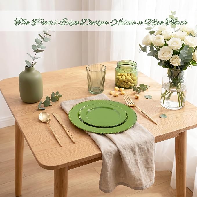 U-QE 60PCS Olive Green Plastic Plates, Beaded Plates Disposable Heavy Duty | - Image 4