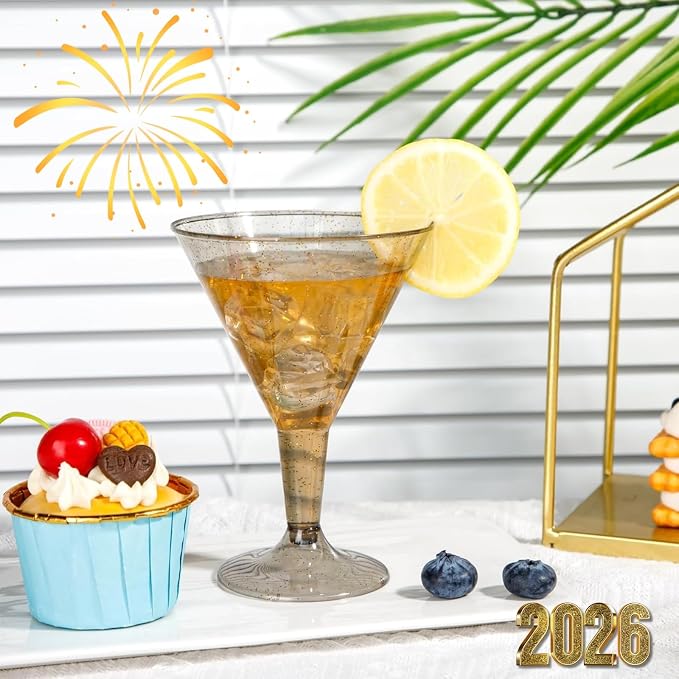 Liacere 24 Pack Gray Gold Glitter Plastic Martini Glasses - Image 4