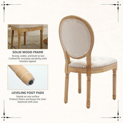 Vintage French Dining Chairs Set of 2, Round Back Velvet Upholstered Accent Chairs with Nailhead Trim and Solid Wood Frame, Elegant Sillas de Comedor for Dining Room & Kitchen, Beige