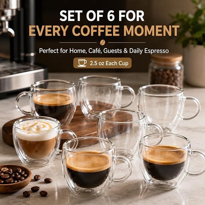 2.5oz Espresso Cups Set of 6, Small Expresso Shot Glass, Double Wall Insulated - Image 5