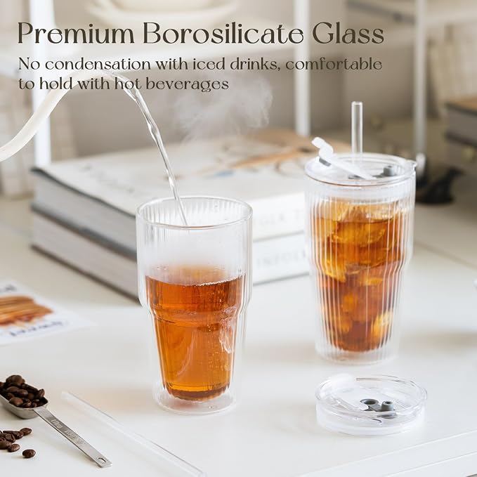 KEMORELA 16oz Ribbed Double Wall Glass Cups - Image 7
