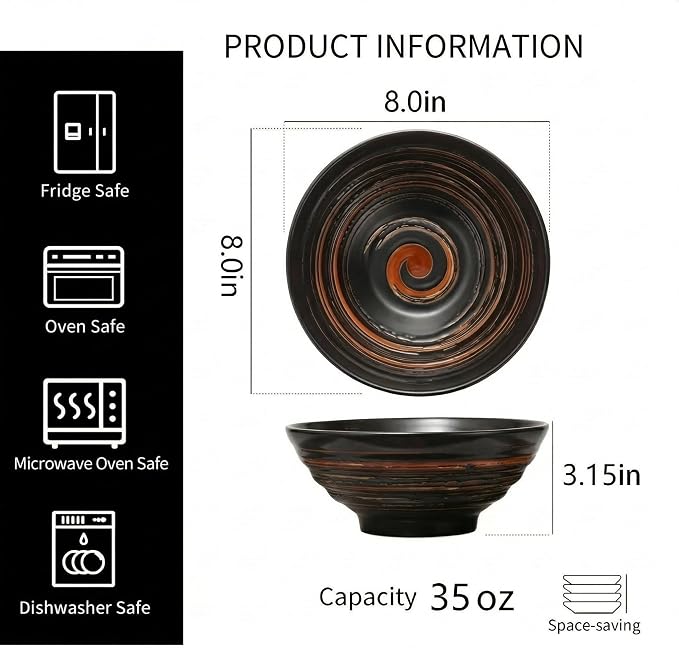 YUN TAO Ramen Bowl Set, 35 Oz Large Black Ceramic Ramen Bowls Set of 4 - Image 2