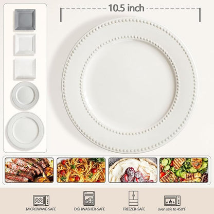 Dinner Plates Set of 4, 10.5 inch White Ceramic Plates, Embossed Salad Plates - Image 2