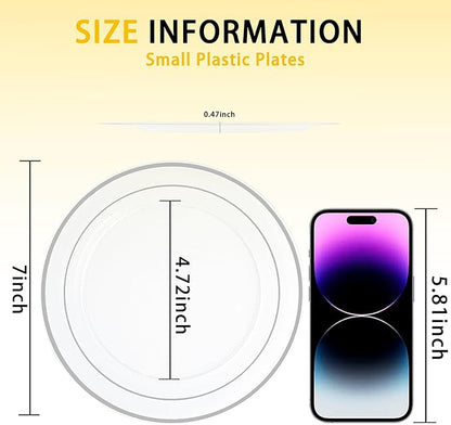 I00000 100Pcs Clear Silver Plastic Plates,Silver Rim Plates 7 Inch,Heavy Duty Premium Clear Dish for Wedding Party Supplies for Salad Dessert Cake