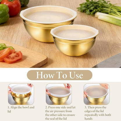 5 Pack Gold Mixing Bowls with Airtight Lids, Stainless Steel Mixing Bowl Set with Colander, Gold Nested Bowl, Metal Nesting Organizers, for Baking Prepping and Serving Food, Size 1.5, 2.0, 2.5, 4.0 Qt