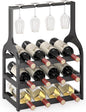 Wine Rack Countertop for 12 Wine Bottles and 4 Glass Holder, Small Bamboo Free Standing Racks Tabletop Display, Wooden Wine Storage Organizer for Cabinet Pantry Kitchen Bar Home Dining Room (Black)