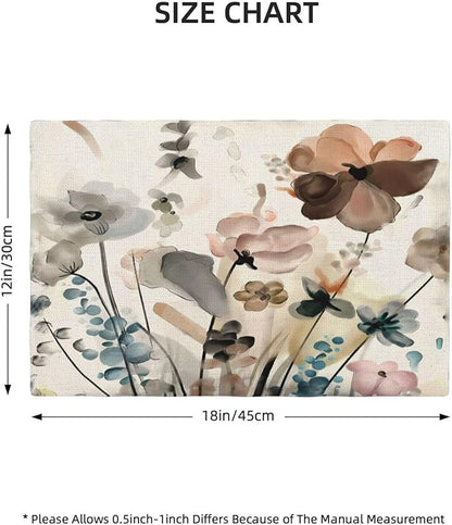 Floral Placemats 12x18 Inches Set of 4, Spring Summer Blue Brown Flower Decorative Rectangle Linen Table Mats for Party Home Kitchen Dining Table Decoration