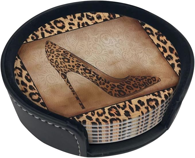 6 Pcs Leopard Print Brown Animal Texture High Heels Leather Coasters - Image 5
