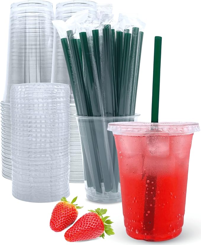 12 oz Clear Plastic Cups with Lids and Straws, Disposable Coffee Cups 25 Sets by Aatriet