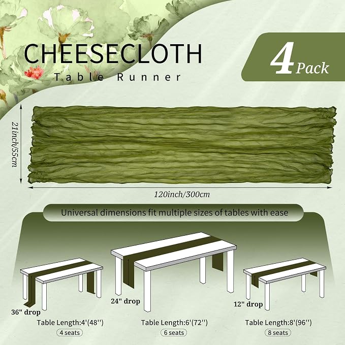 4 Pack Cheesecloth Table Runner 10FT Olive Green Table Runner Boho Gauze Cheese - Image 2