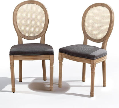 SoarFlash French Dining Chairs Set of 2, Vantage Dining Chair with Round Back, Wood Leg Farmhouse Country Rattan Dining Chair for Kitchen,Bedroom,Deep Grey