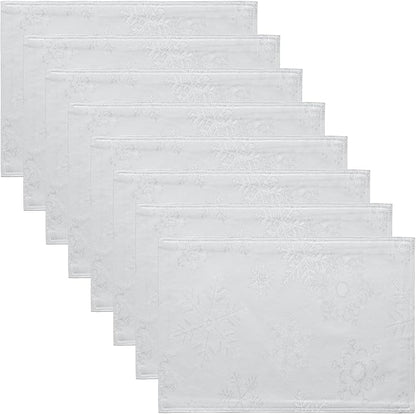 Cloth Place Mats Set of 8–Reusable Rectangular Waterproof Fabric Polyester Washable Wipeable Heat Resistant Jacquard Sparkling Metallic Snowflake for Kitchen Table(White Silver/13x19 Inch)