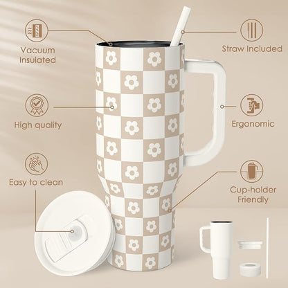 SANDJEST Checker Tumbler with Handle and Straw 40oz – Stainless Sleel Slider - Image 2