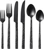 KINGSTONE 24 Pcs Black Hammered Silverware Set with Steak Knives for 4, 18/10 Stainless Steel Heavy Duty Flatware Set, Tableware Cutlery Utensil Sets for Home Restaurant Dishwasher Safe