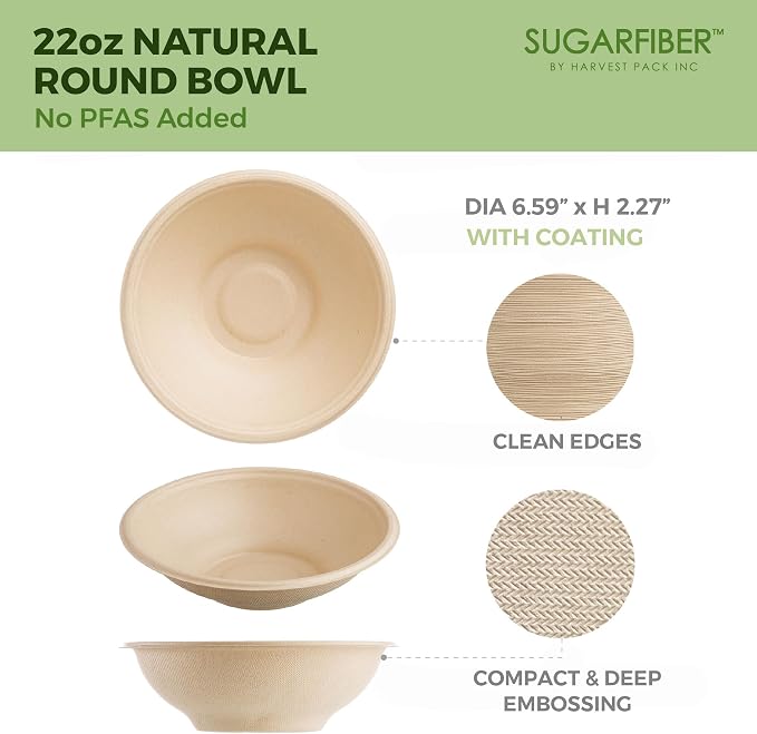 Sugarfiber by Harvest 22oz Round Compostable Bowls PFAS Free - Image 2
