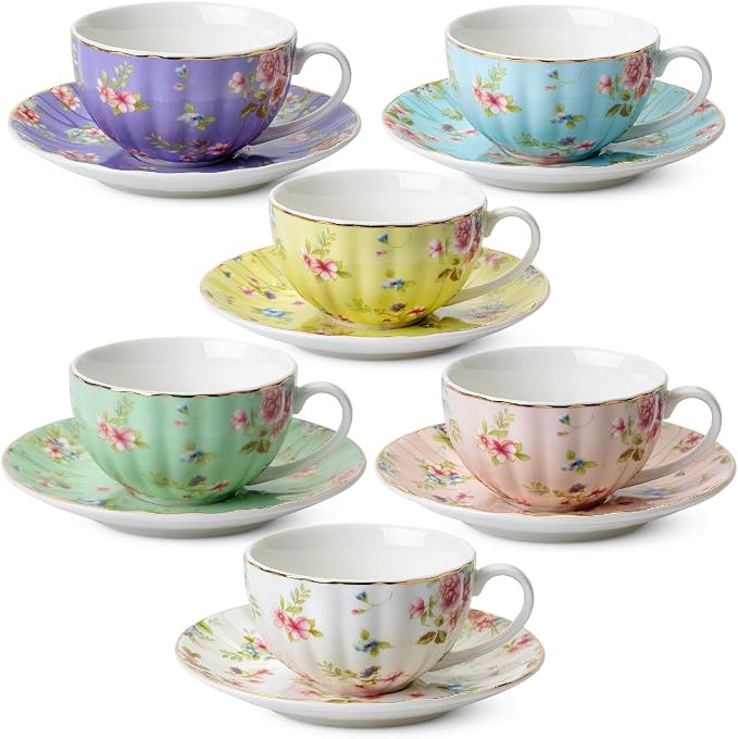 BTaT- Floral Tea Cups and Saucers Set of 6, Porcelain Tea Cups Set of 6 by BrewToATea