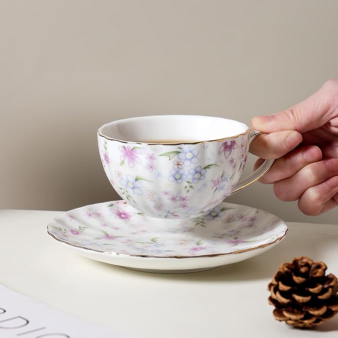 fanquare Country Style Floral Tea Cup and Saucer Set, 6 Ounces Cappuccino - Image 2