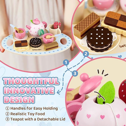 Wooden Tea Set for Little Girls Birthday Gift 3 4 5 Year Old Princess Toys | - Image 4