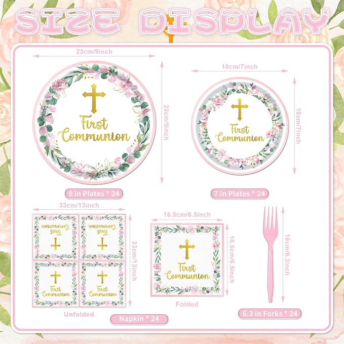 96 Pieces First Communion Floral Tableware Set – Pink Floral Cross Disposable - Image 2
