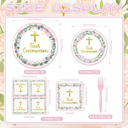 96 Pieces First Communion Floral Tableware Set – Pink Floral Cross Disposable - Image 2