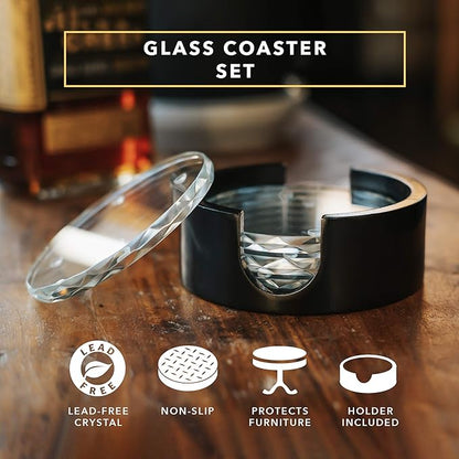 Dragon Glassware Crystal Coasters - Clear Glass Coasters for Drinks Set of 4 - Barware for Coffee Table - Diamond Coaster Set with Holder