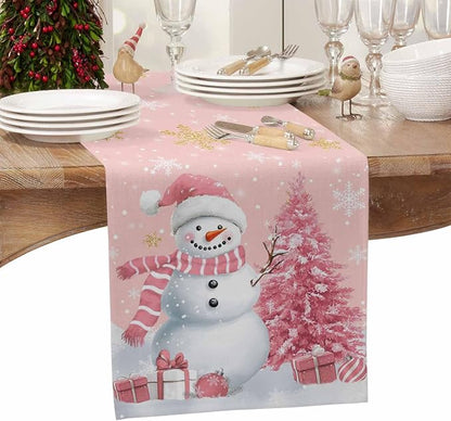 Pink Christmas Snowman Table Runners 90 Inches Long, Cotton Linen Fabric - Image 4