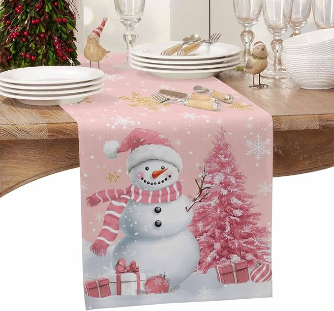 Pink Christmas Snowman Table Runners 120 Inches Long, Cotton Linen Fabric - Image 4