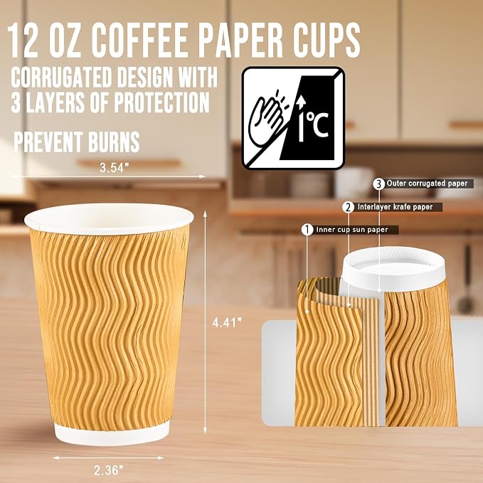 BYSNOW 100 Pack 12 oz Coffee Cups, Insulated Disposable Hot Paper Cups | - Image 2