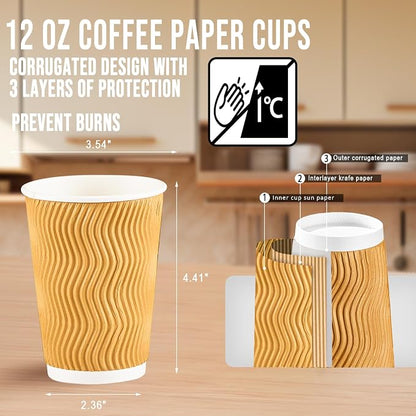 BYSNOW 100 Pack 12 oz Coffee Cups, Insulated Disposable Hot Paper Cups | - Image 2