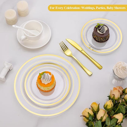 Goodluck 200PCS Clear Gold Plastic Plates, Heavy Duty Disposable Clear Plates with 100 10.25 inch Dinner Plates and 100 7.5 inch Dessert Plates for Party, Holiday, Wedding, Thanksgiving
