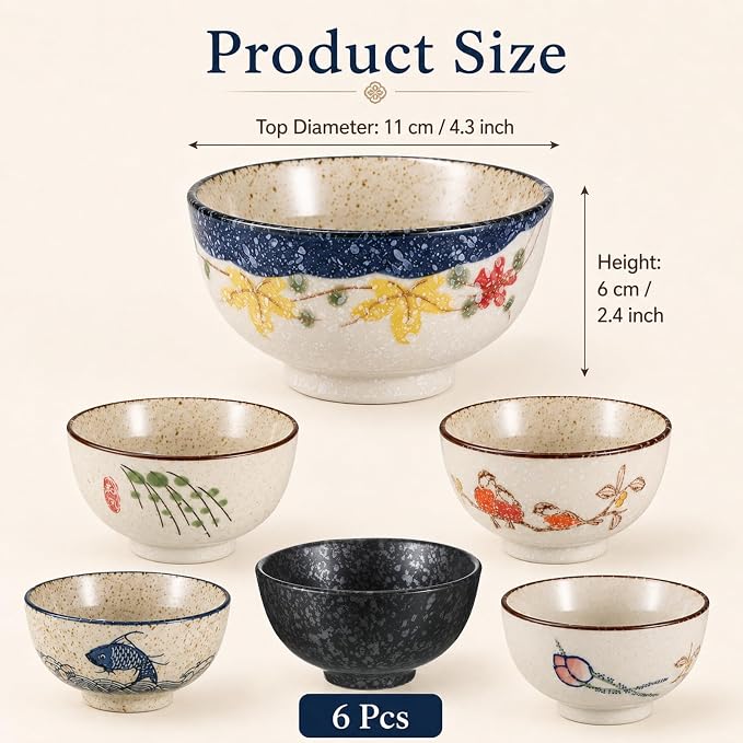 6 Pack Japanese Retro Rice Bowls Set | 4.5 Inch Small Soup Sushi Salad Dessert - Image 2