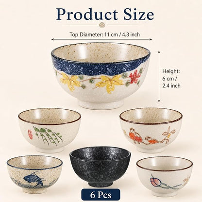 6 Pack Japanese Retro Rice Bowls Set | 4.5 Inch Small Soup Sushi Salad Dessert - Image 2