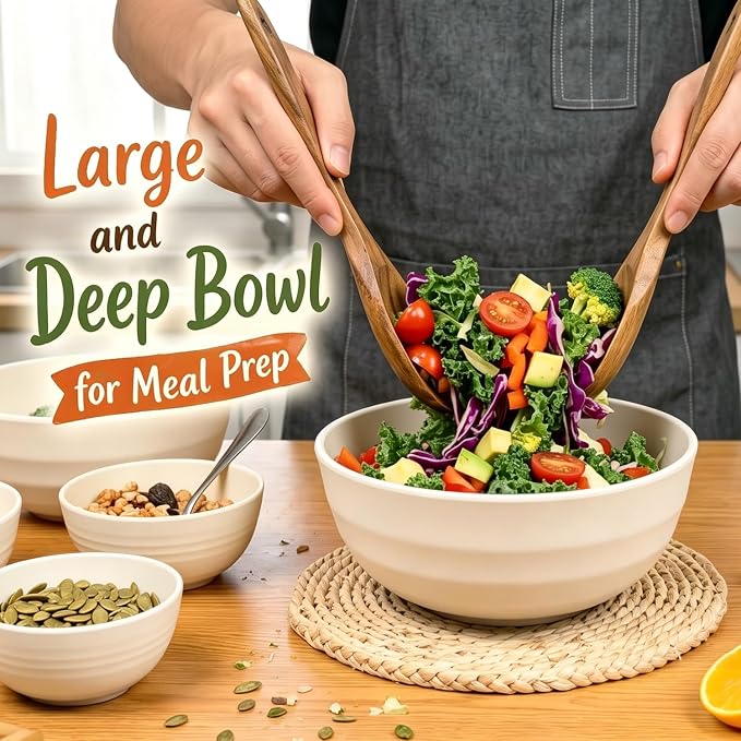Large Salad Bowls 60oz, Unbreakable Wheat Straw Bowls Sets of 8, Meal Prep Bowls - Image 5