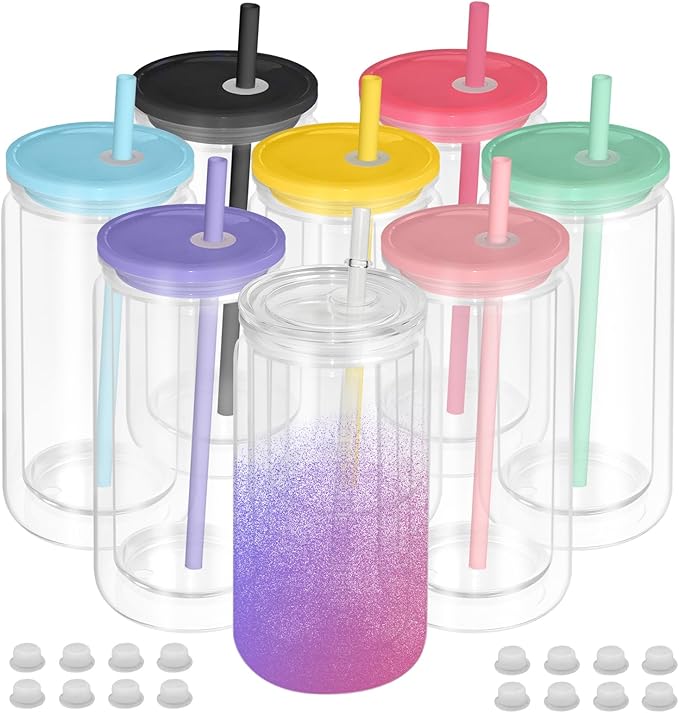 8 PCS Plastic Snow Globe Tumbler, 16Oz Pre-Drilled Double Wall Snowglobe Cup | by AZEAM