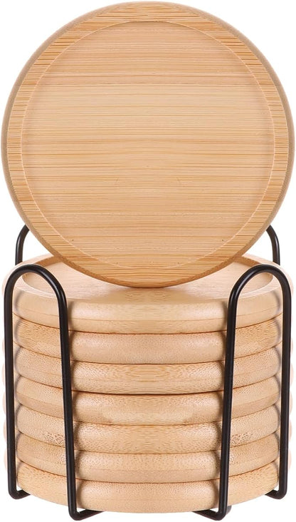 Bamboo 4 inch coaster [8 pcs] Coasters with Holder - Drinking Coasters - Cup Mat for Drinks - Live for Hot or Cold Drink - Non-slip and non-stick,Suitable for Kinds Cups and Living Room Decor