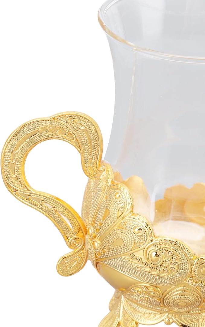 Pilipane Gold Coffee Cup and Saucer Set, Elegant European Carved Glass Teacup - Image 4