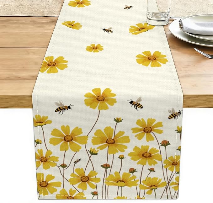 Yellow Flowers Daisy Bees Summer Table Runner, Kitchen Table Decorations | by Unknown