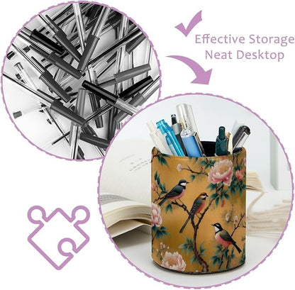 Leather Pen Holder for Desk, Peony Bird Pencil Cup Pen Organizer Makeup Brush - Image 4