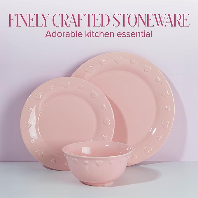 Paris Hilton 12-Piece Dinnerware Set, Embossed Hearts. Iconic Ceramic Stoneware - Image 4