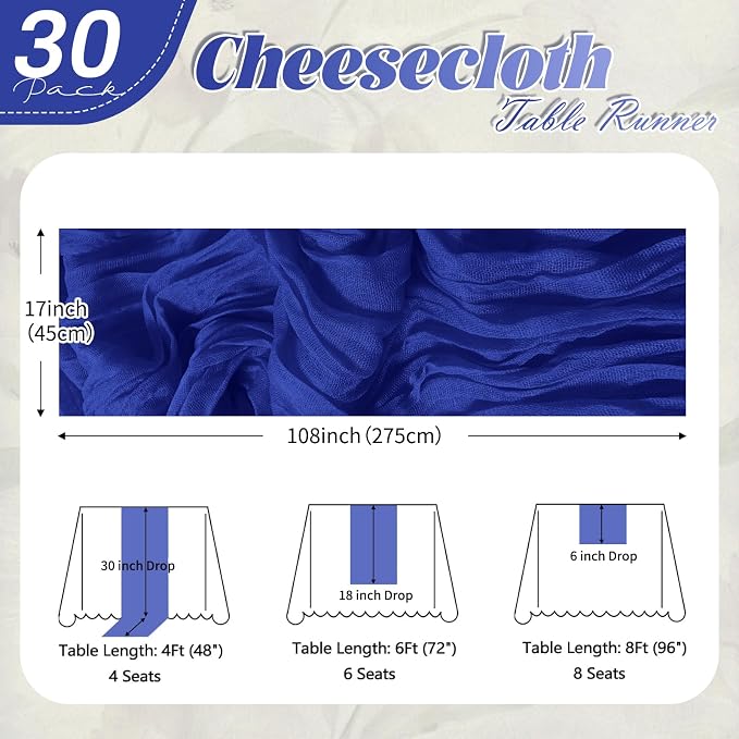 30 Pack Royal Blue Cheesecloth Table Runner 17 x 108 inch Cheese Cloth Table - Image 2